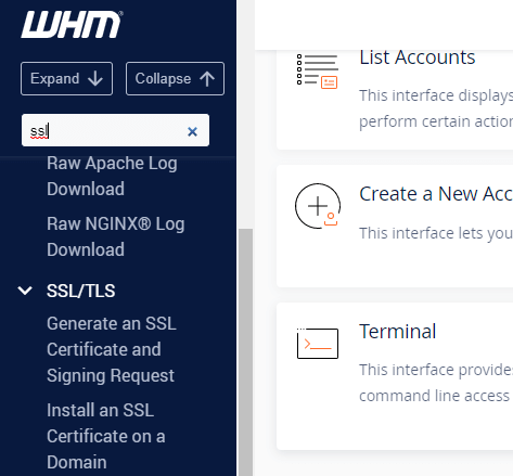 WHM SSL 메뉴