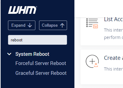 WHM reboot menu